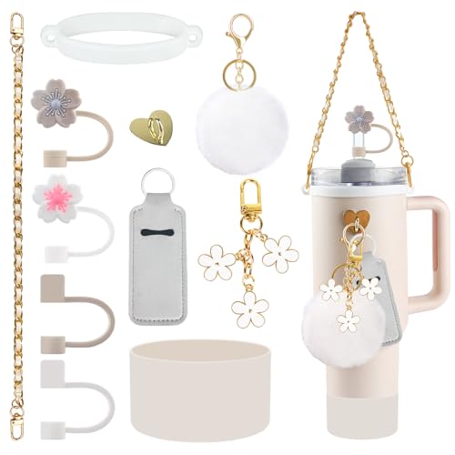 Velaco 11 PCS Accessories for Stanley Cup, Water Bottle Handle Strap for Stanley 30/40 oz tumbler with handle, including Straw Toppers, Silicone Cup Boot, Keychain Charms - White