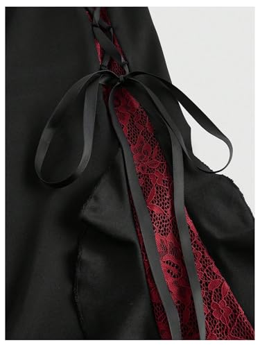 Verdusa Women's Goth Bow Tie Contrast Lace Flare Pants High Rise Ruffle Bell Bottom Pants4