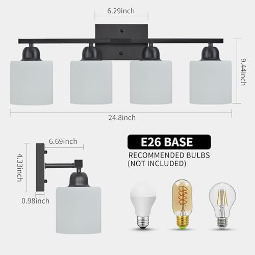 Image of 4-Light Black Bathroom Vanity Light, Light Fixtures with Milky White Frosted Glass Shades, Black Vanity Light for Bathroom Mirror, Bedroom, Living Room, Vanity Table, E26 Base