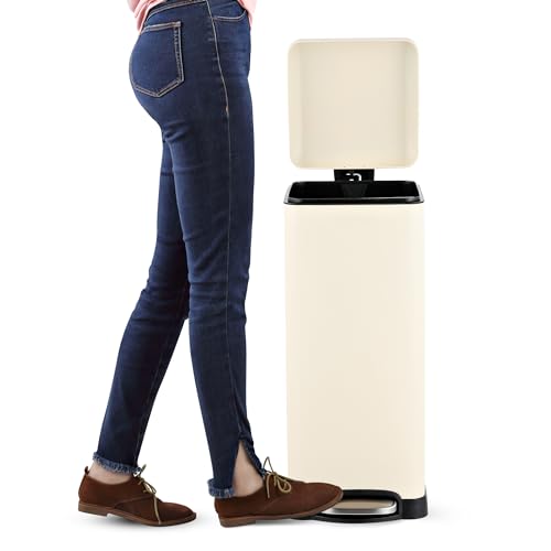Image of happimess HPM1007F Betty Retro 8-Gallon Step-Open Trash Can with Soft-Close Lid, Fingerprint Resistant, Modern, Minimalistic for Home, Kitchen, Laundry Room, Office, Bedroom, Bathroom, Almond
