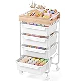 Rolling Craft Storage Cart with 4 Drawers,Utility Cart with Drawers,Art Craft Organizers and Storage,Kids Craft Cart,Kids Art Cart With DIY Lable and Wooden Tabletop Area,White