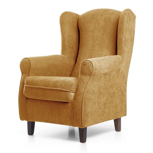 SUEÑOS ZZZ - Sillón Irene, sillón orejero de Lactancia tapizado en Tela Anti Manchas Color Mostaza, sillón butaca para Dormitorio, salón o habitación de bebé