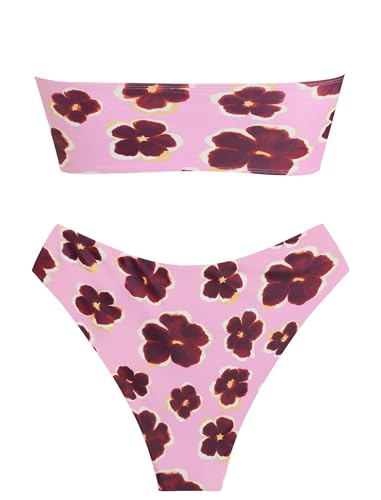 Image of ZAFUL Women's High Cut Bandeau Bikini Set Strapless Solid Color 2 Pieces Bathing Suit Swimsuit