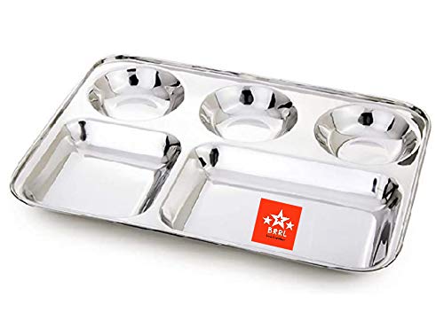 Bhola Ram Roshan Lal BRRL 5 in 1 Round Extra Deep Compartment Divided Stainless Steel Plate/Thali - Set of 5