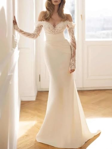 Mermaid Elegant Strapless Wedding Dresses Long Sleeve Bridal Gowns with Removable Train Appliques2