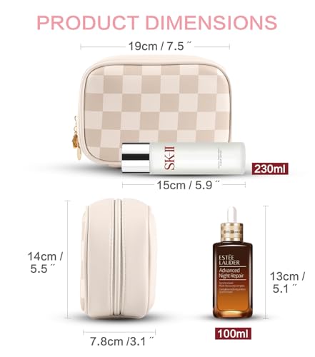 Travel Makeup Bag for Women-Cute Make up Bag with Compartments,Portable Vegan Leather Cosmetic Bag for Purse, Checkered Waterproof Makeup pouch (BROWN)2