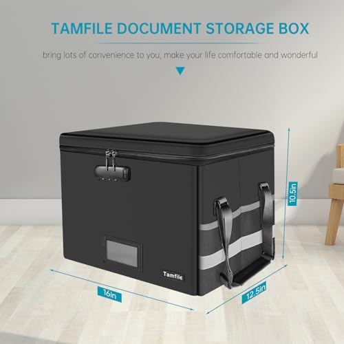 Tamfile Fireproof Document Box, Waterproof File Organiser Box with Lock, Collapsible File Storage Box with Zipper, Portable Home Office File Box with Handles for Hanging Letter/Legal Folder, Black - Image 7