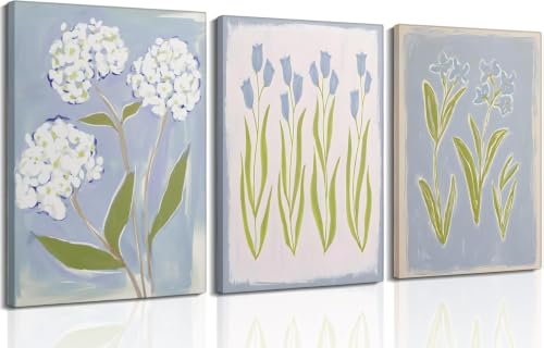 Tableau tulipe et hortensia bleu vert 80x120cm lot de 3 grand format avec cadre intérieur