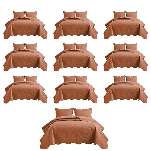 IR Imperial Rooms 10 Pack Twin Quilt Bedding Set (68" x 86") - Bulk Wholesale for Hotels, Guest Bedroom & Airbnbs - Lightweight Microfiber Reversible Floral Embossed Quilts Bedspreads (Rust)