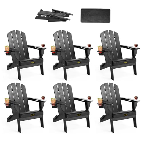 Folding Adirondack Chair Set of 6, Wooden Textured Plastic Adirondack Chairs with 2 Cup Holder, Weather Resistant HDPE Fire Pit Chair, Outdoor Patio Chairs for Garden, Backyard, Lawn, Deck, Black