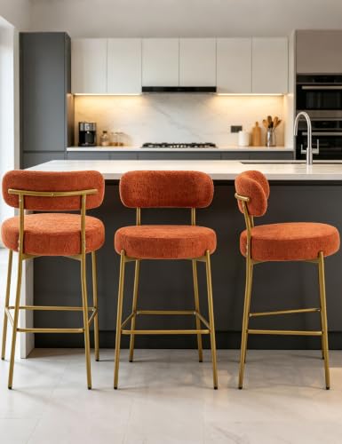 DYHOME Gold Bar Stools Set of 3 Orange Boucle Counter Height Bar Stools 24 inch Barsrtools with Curved Back Modern Upholstered Bar Chairs for Kitchen Island Dining Room