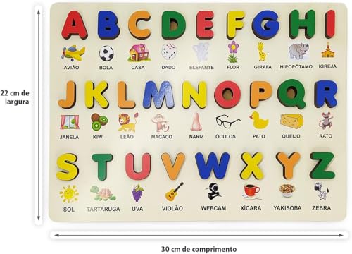 Alfabeto em Madeira Montessoriano Tabuleiro Educativo com Letras Figuras e Palavras