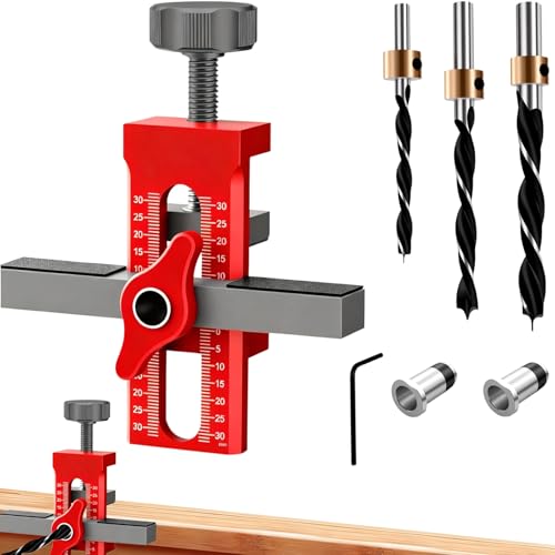 2-in-1 Schranktür Montagehilfe Set mit 3 Bohrern, Aluminiumlegierung Einstellbarer Schrank Tür Installations Positionierer Verstellbarer Positionierer für Die Installation Von Schranktüren(Rot)