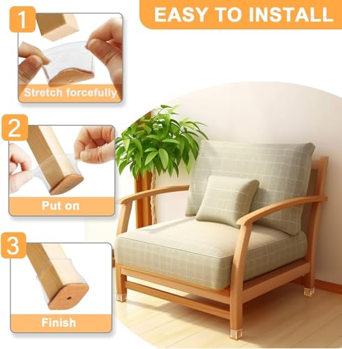 Image of JICOOT 4 Pcs Chair Leg Floor Protectors for Wooden & Tile Floors | Square Silicone Furniture Leg Caps with Felt Pads | Anti-Scratch, Noise-Reducing Chair & Stool Leg Covers | Clear, Large