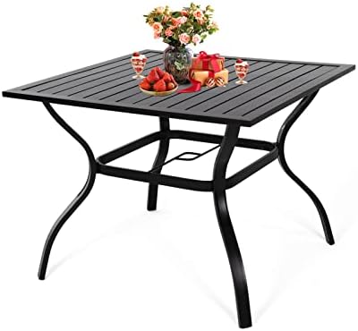 MEOOEM Outdoor Dining Table, Patio Metal Steel Frame Square Table with 1.57”Umbrella Hole, 37"x37",Black