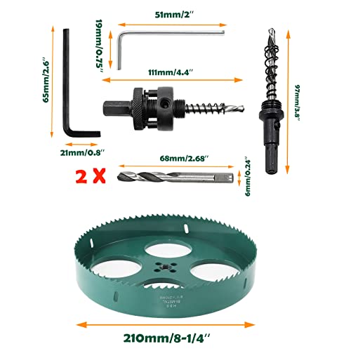Image of 8-1 /4 Inch / 210mm Hole Saw with Heavy Duty Arbor, 8.25 Inch Hole Saw HSS Bi-Metal Hole Cutter Smoothly Cutting in Cornhole Boards, Plastic, Wood, Fiberboard, Drywall