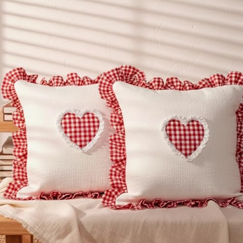 Image of Sleepy Threads Cotton Cushion Cover 16 Inches x 16 Inches, Checkered Frilled Border with Cute Red Heart Decorative and Soft Sofa Cushion Cover for Living Room, Bedroom, Couch and Home Decor