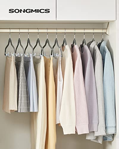 Image of SONGMICS Velvet Hangers with Clips, 12 Pack, 42.5 x 23.5 x 0.6 cm | Space Saving Hangers for Skirts and Trousers, Non-Slip, Adjustable Clips, Grey, BREANNA Collection CRF12V
