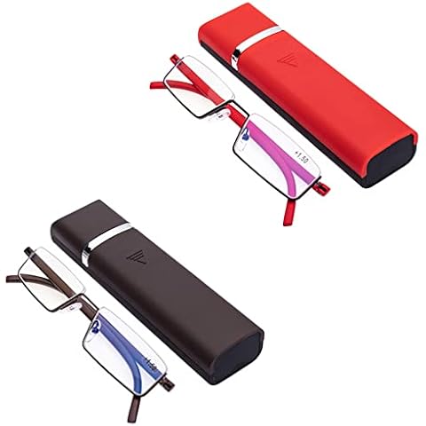 2 pairs of hard lens half-frame reading glasses anti-blue reading glasses with special reading glasses case (red and brown, 1.0, diopters) Cover