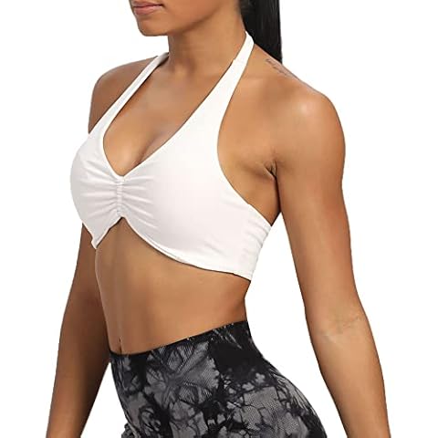 Aoxjox Women's Workout Sports Bras Fitness Backless Padded Taylor Scrunch Halter Bra Yoga Crop Tank Top, White, XS Cover