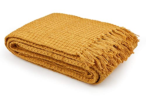 StylemyBedroom Jeté de canapé/lit 100 % coton gaufré nid d'abeille, ocre, 127 x 152 cm