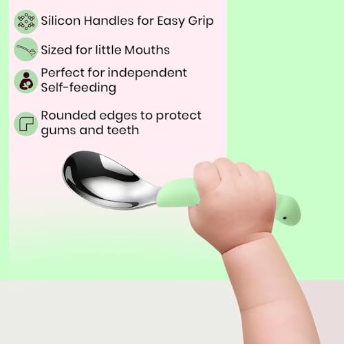 Image of Baby Spoon and Fork Set, Green Silicone Toddler Cutlery Set with Dinosaur Case, 2 Pc, Self Feeding Utensils for Baby Meals School and Travel, Mealtime Essential