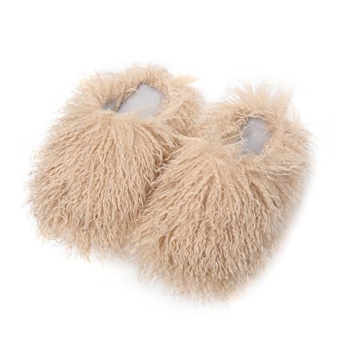 Image of Unisex Fuzzy Faux Fur Slippers, Women's Fluffy Long Hair Sheep Faux Fur Slip on Slides, Girls Luxury Big Fluffy Outdoor Flat Slippers, Long Curly Hair Non-Slip Warm Home Slide Shoes