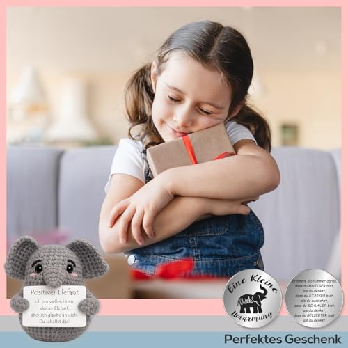 Tixlux Pocket Hug Positiver Elefant, Kreative Strickwolle Elefant Figur und Kleine Umarmung Glücksbringer, MutmacherGeschenk, Gute Besserung Geschenk, Einschulung Geschenk