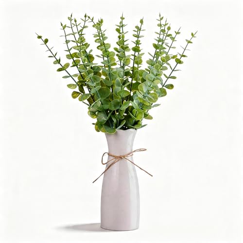 VERDELYX Artificial Eucalyptus Stems with White Vase,19 Inch Small Fake Plants Indoor,Faux Greenery Plant for Farmhouse Home Decor,Bathroom Living Room Kitchen Office Shelf Coffee Table Centerpiece