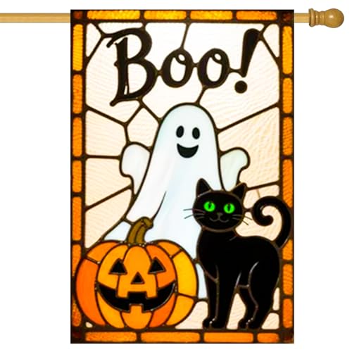 BlissYard Spring Summer House Flag 28 x 40 Inch Double Sided Garden Flag Ghost Cat and Pumpkin Boo for Halloween Yard Banner Porch Outdoor Decor Holiday House Flag