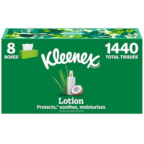 Kleenex Lotion Facial Tissues with Coconut Oil, 8 Flat Boxes, 180 Tissues Per Box, 3-Ply