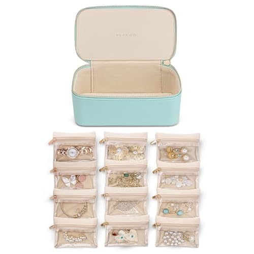 Vlando Travel Jewelry Organizer with 12 Velvet Jewelry Bags Travel Jewelry Case for Girls Jewelry Storage Necklace Rings Earrings Bags Gifts for Women