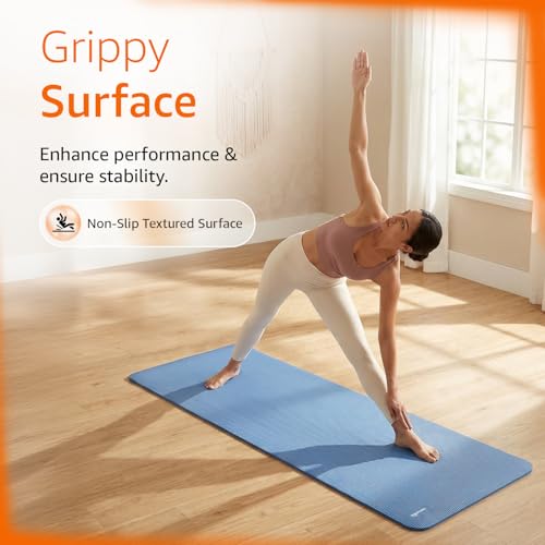 Image of Amazon Basics NBR Yoga & Exercise Mat with Carrying Strap | 8 mm Thick Cushioned Support | Non-Slip Textured Surface | Lightweight & Durable Foam Rubber Material | Floor Protection | Ideal for Yoga, Pilates & Home Workouts | 183 x 61 cm | Blue