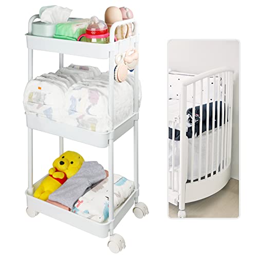 Image of Volnamal Baby Diaper Cart, Plastic Baby Diaper Caddy Baby Organizer for Nursery Diaper Cart with Wheels Baby Essentials Storage Cart, White