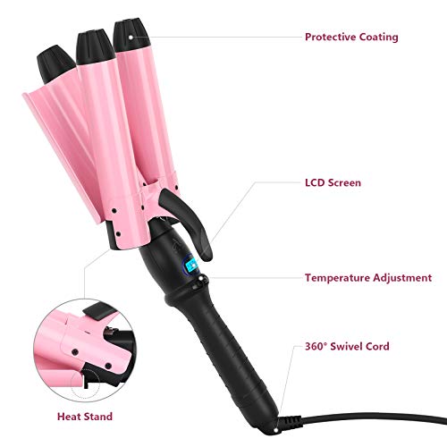 32mm (1.25") Triple Ceramic Curling Iron, Aima Beauty Mermaid Big Wave 3 Barrel Wand with Adjustable Temperature, Portable Hair Waver Heats Up Quickly (Pink) - Thumbnail 5