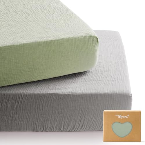 Image of TILLYOU 2 Pack Muslin Crib Sheets for Boys and Girls, 100% Cotton Fitted Crib Sheet for Toddler 52x28 Standard Crib Mattress, Grey and Saga
