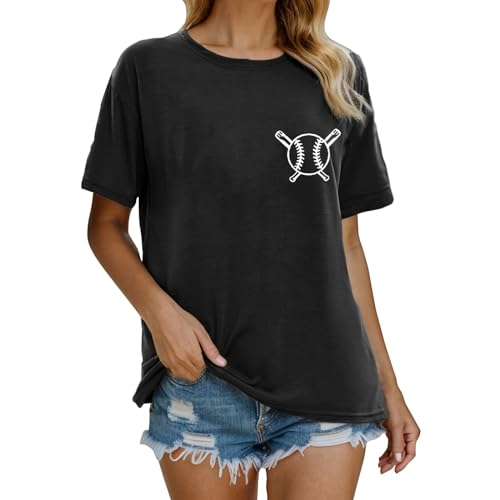 Shirt Schwarz Baseball Mom Damen-Shirt mit Baseball-Buchstaben-Aufdruck, kurzärmelig, Rundhals-T-Shirt, modisches Oberteil, leicht, weich, lässig, Sommerkleidung T Shirt V Ausschnitt (Black, XXL)