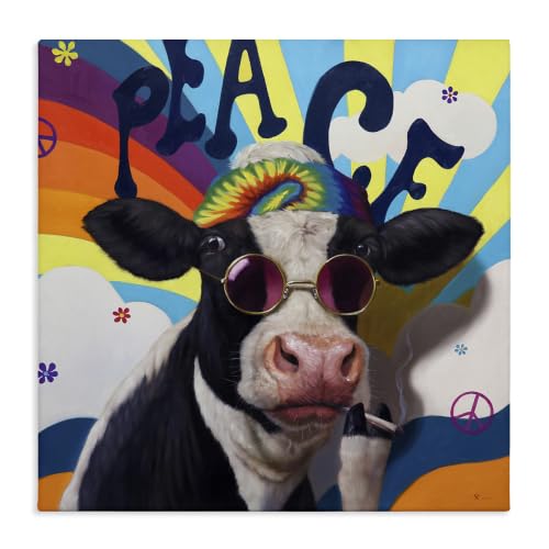 Stupell Industries Peace 70s Hippie Cow Humor, 17 x 17 Inch Canvas Wall Art