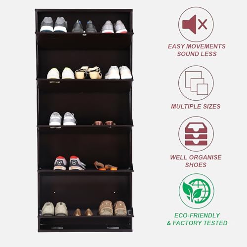 Image of Metal Shoe Rack Wall Mounted for Home with Central Locking |5 Door 28 inch Wall Mounted Metal 15 Pair Shoe Rack Cabinet | Pre-Assembled Rack Shelves | 3 Year Warranty (Brown)