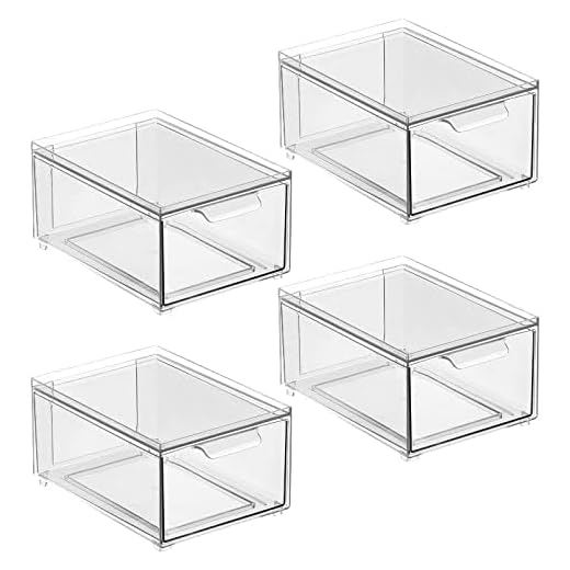 mDesign Plastic Bathroom Organizer Bin w/Pull Out Drawer - Slim Stackable Storage Container for Bathroom Accessories - Perfect for Organizing Bathroom Cabinet - Lumiere Collection - 4 Pack - Clear