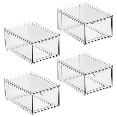 mDesign Plastic Bathroom Organizer Bin w/Pull Out Drawer - Slim Stackable Storage Container for Bathroom Accessories - Perfect for Organizing Bathroom Cabinet - Lumiere Collection - 4 Pack - Clear