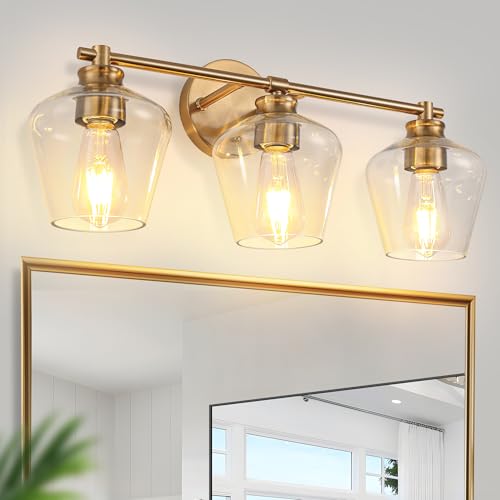Image of DORESshop 3-Light Gold Bathroom Light Fixtures with Clear Wine Glass Covers, Brushed Brass Bathroom Lighting Fixtures Over Mirrors, Modern Vanity Lights for Bathrooms Bedroom Living Room Hallway, ETL