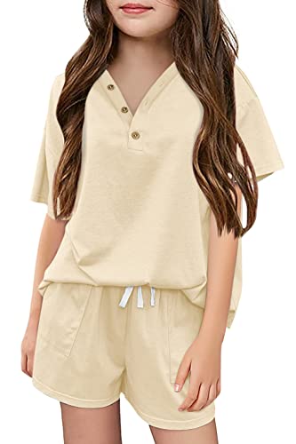 Ermonn Girls Shorts Sets Short Sleeve Crop Tops 2 Piece Cute Outfits Summer Tracksuit Romper Jumpsuit Size 5-14 For Kids Beige #TOP15