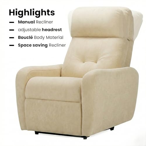 Image of EVA Manual Recliner Chair with Adjustable Headrest | Beige Boucle Fabric Upholstery | Ergonomic Single Seater Recliner for Living Room & Home Theater | 18 Months Warranty