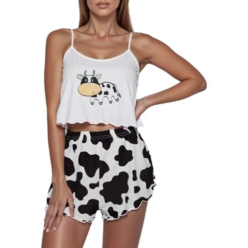 Generisch Conjunto de pantalones cortos con tirantes estampados para mujer como ropa de salón transpirable que realza la figura, Blanco, L