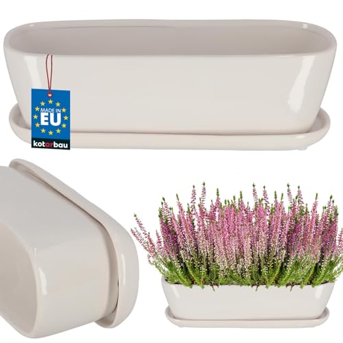 KOTARBAU® Keramik Blumenkasten mit Untersetzer 32x10,5x11cm Weiß...