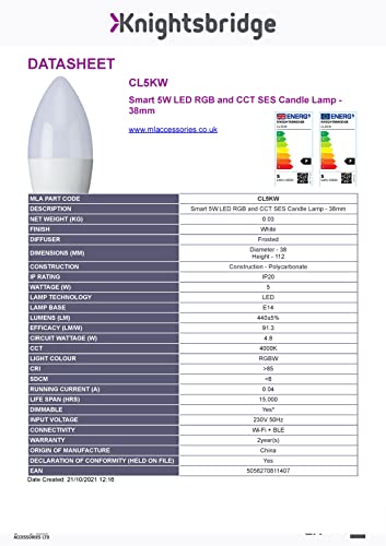 Knightsbridge Smart 5W LED RGB and CCT SES Candle Lamp - 38mm WiFi No Hub Required - Image 2