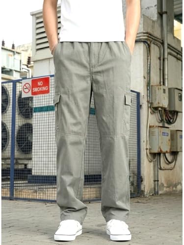 Image of Men's Cargo Pants-100% Premium Cotton Tapered Fit Lightweight Breathable Multi-Pocket Drawstring Utility Casual Trousers
