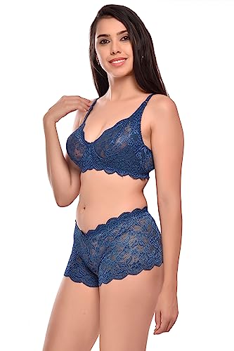 Image of SGC Sweden Lace Stretchable Bra Panty Set for Women | Non-Padded | Non-Wired | Seamed | Floral Print Full Coverage | Lingerie Set for Women & Girls (Set of 1) (38, Blue), Hipster