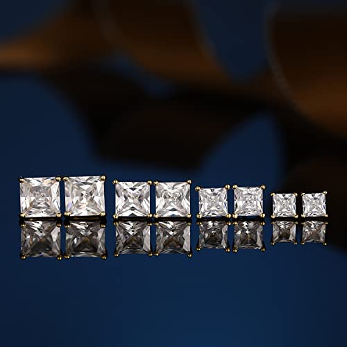 4 Pairs Real Gold Plated Square Stud Earring Set, Princess Cut Clear Cubic Zirconia Hypoallergenic Earrings Pack for Women and Men3